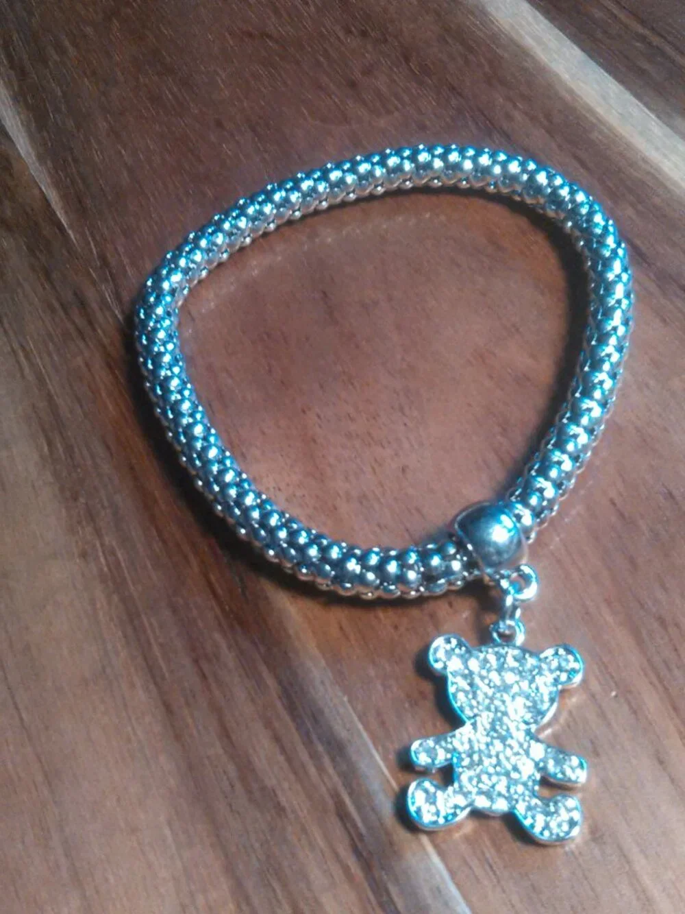 White Austrian Crystal Teddy Bear Silvertone Stretch Bracelet